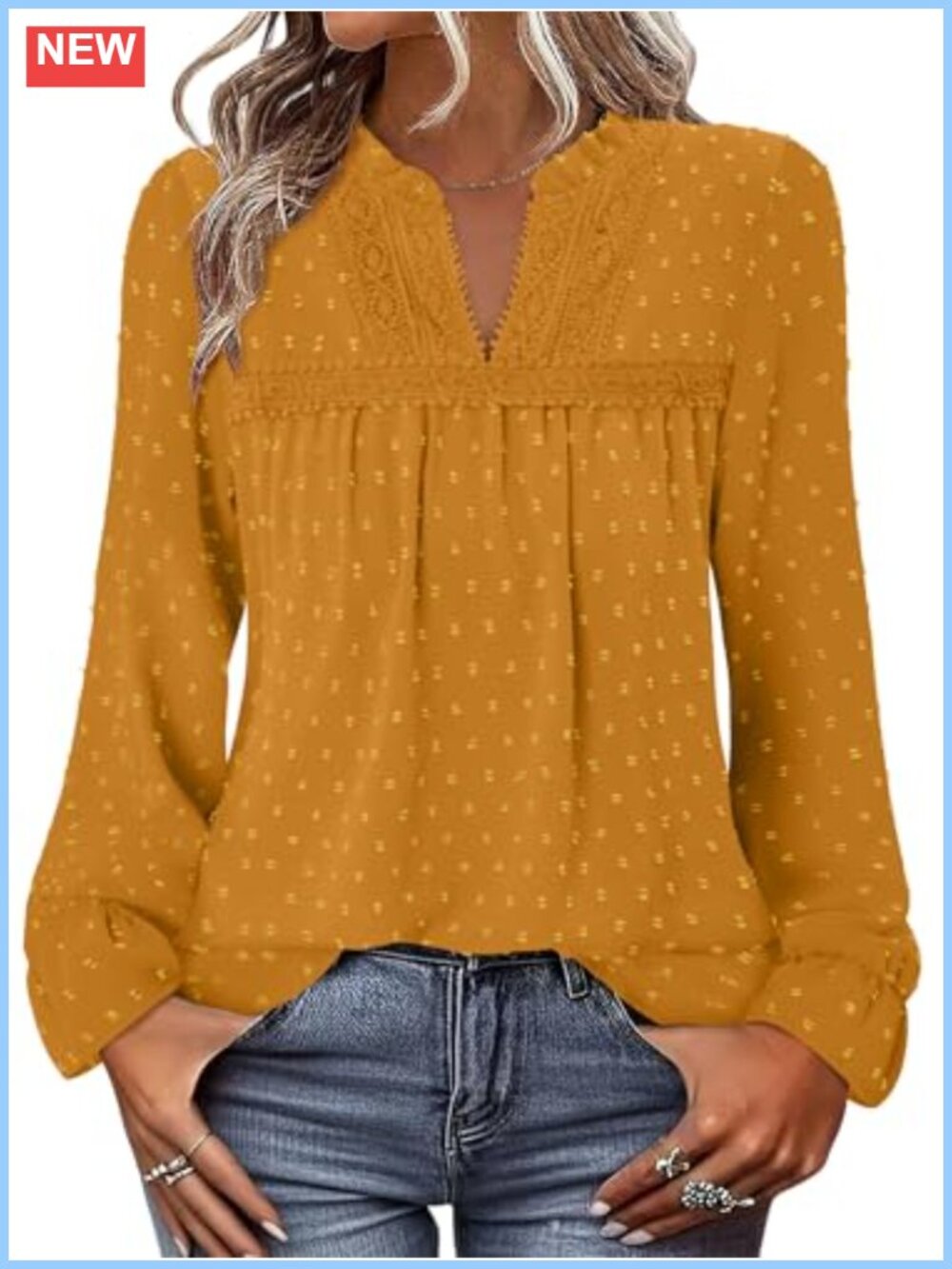 Boho Swiss Dot Long Sleeve Blouse V Neck Lace Pleat Chiffon Top